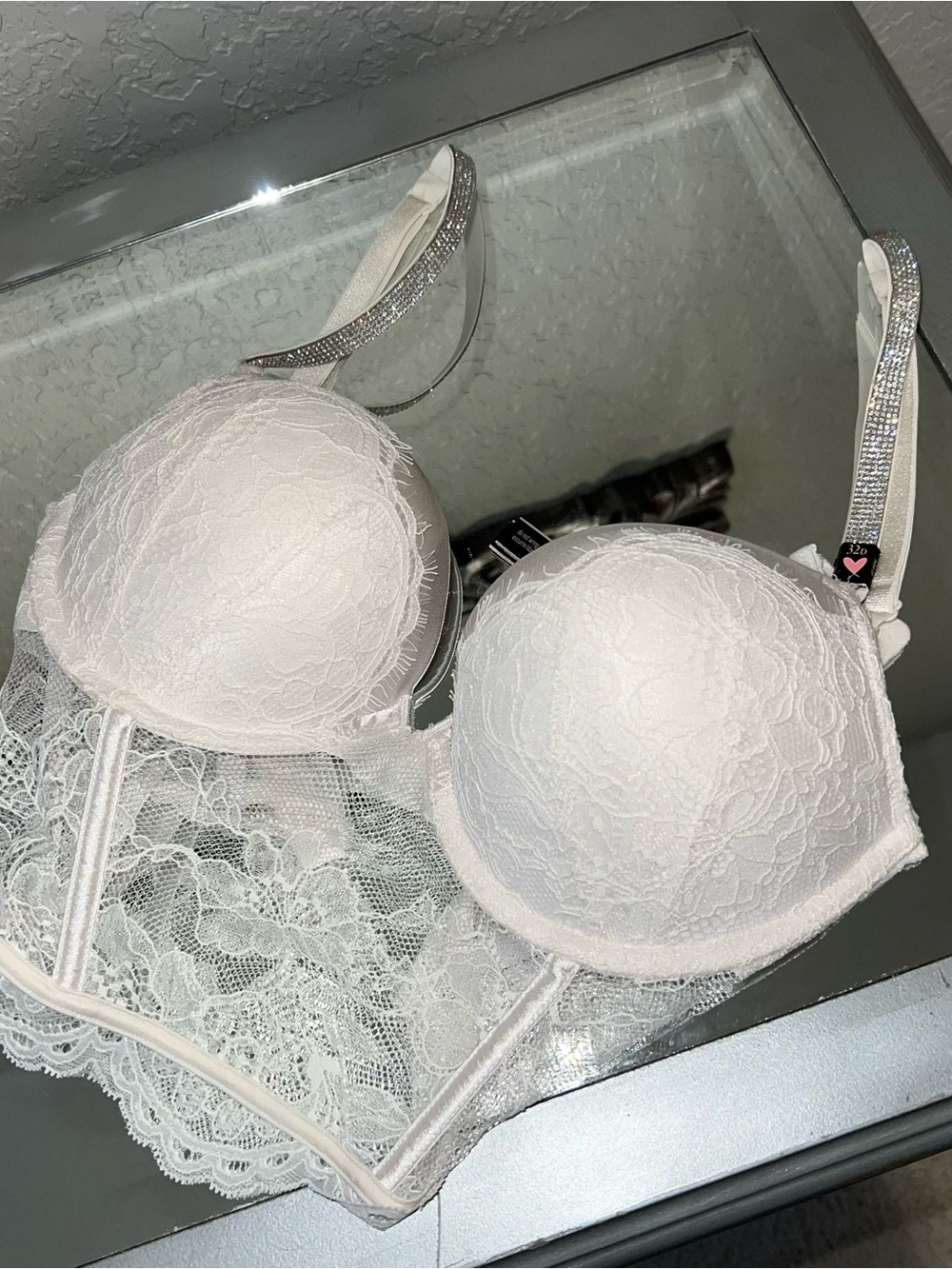 Victoria's Secret White Lace Push-Up Bra with Embellished Straps